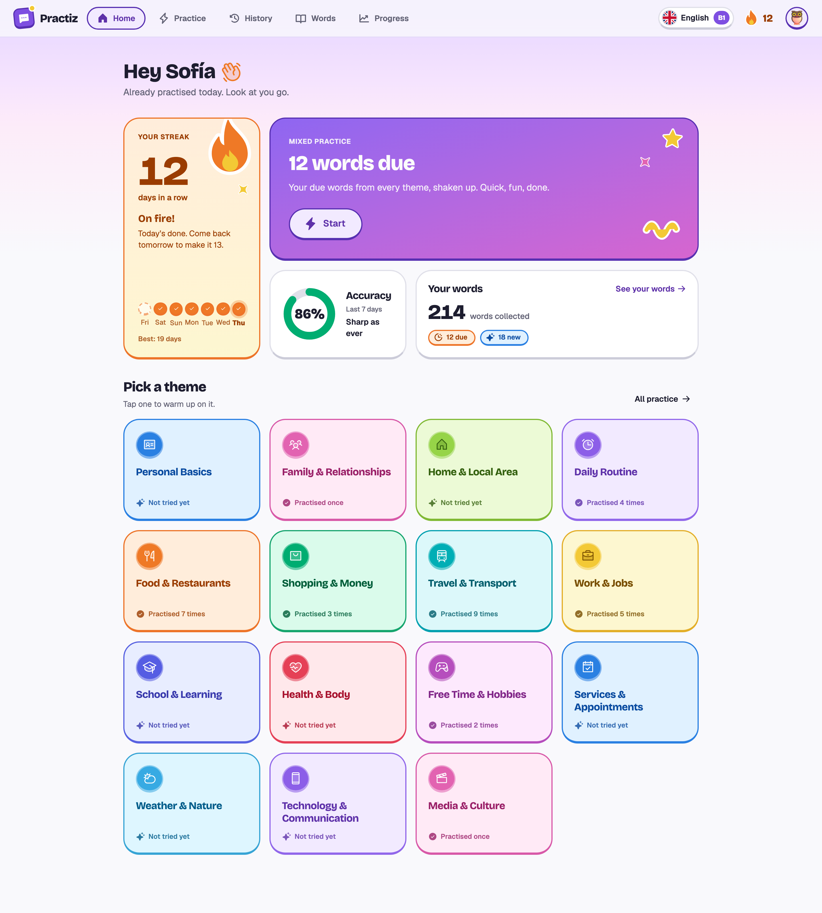 SofĂa's home screen: a 12-day streak, 12 words due in a mixed round, 86% accuracy and 214 words collected.