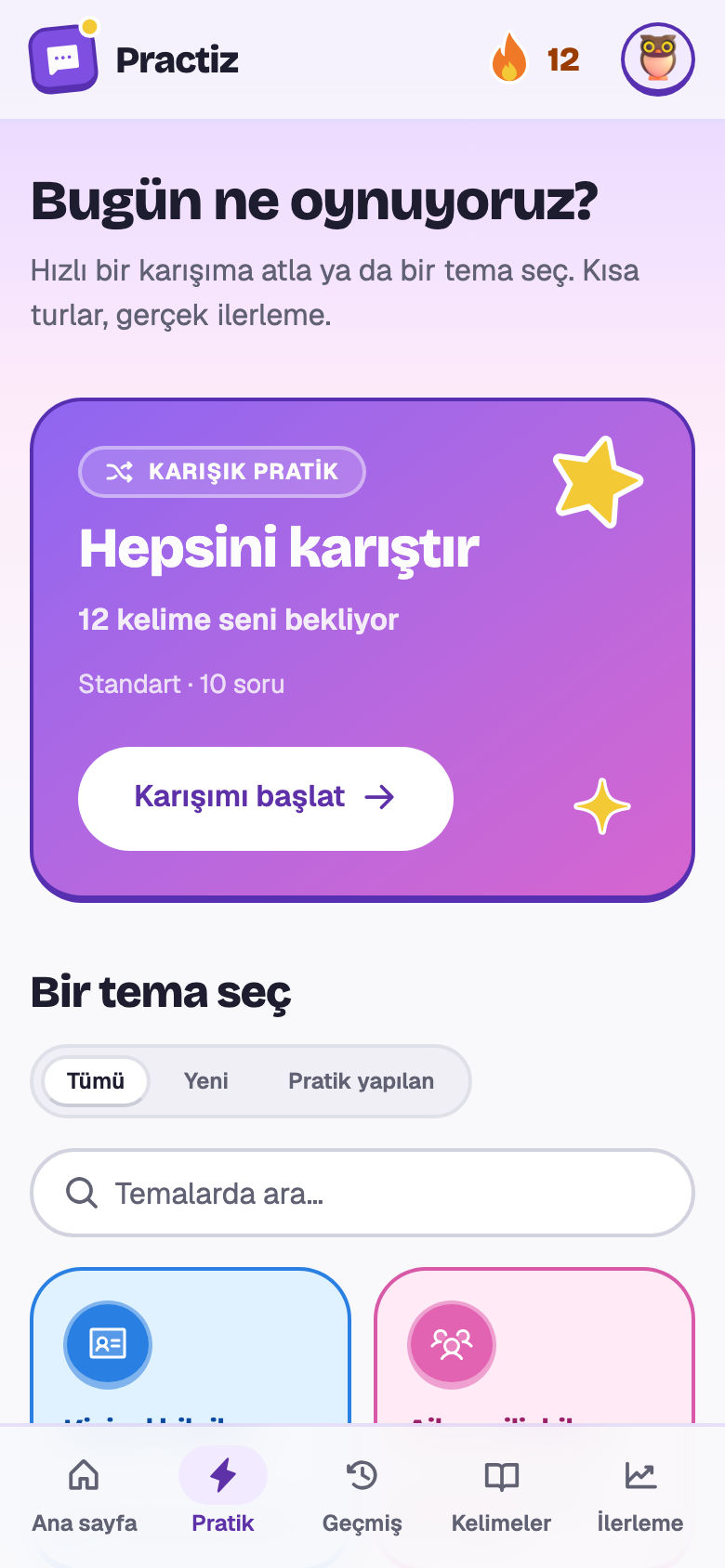 Pratik seçim ekranı: 12 kelimenin beklediği Hepsini karıştır kartı ve on beş tema kutucuğu.
