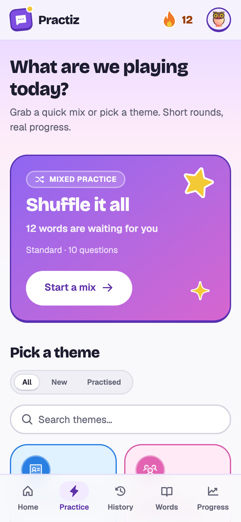 The practice picker: Shuffle it all with 12 words waiting, and the fifteen theme tiles.