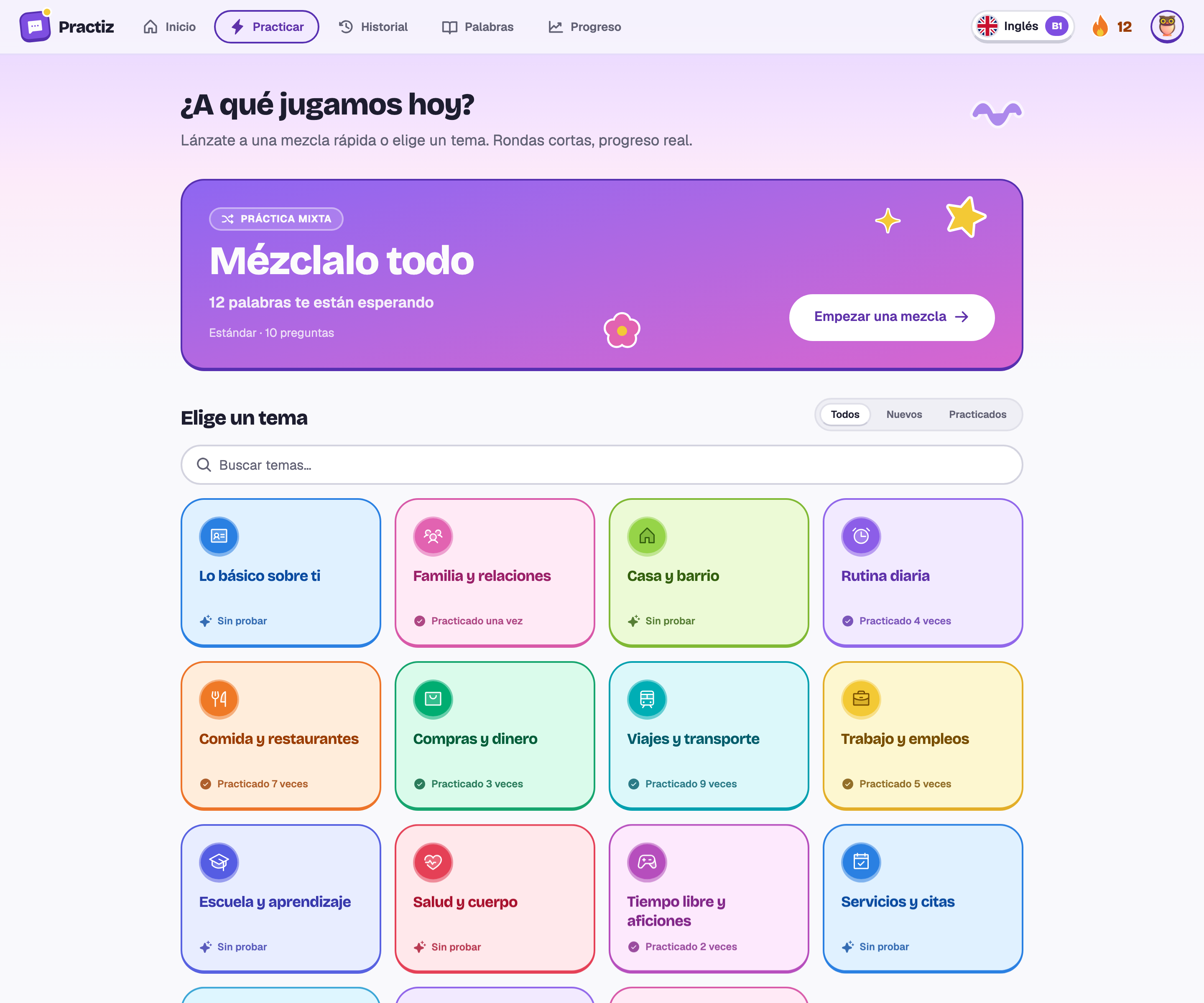 El selector de práctica: Mézclalo todo con 12 palabras esperando, y los quince temas.