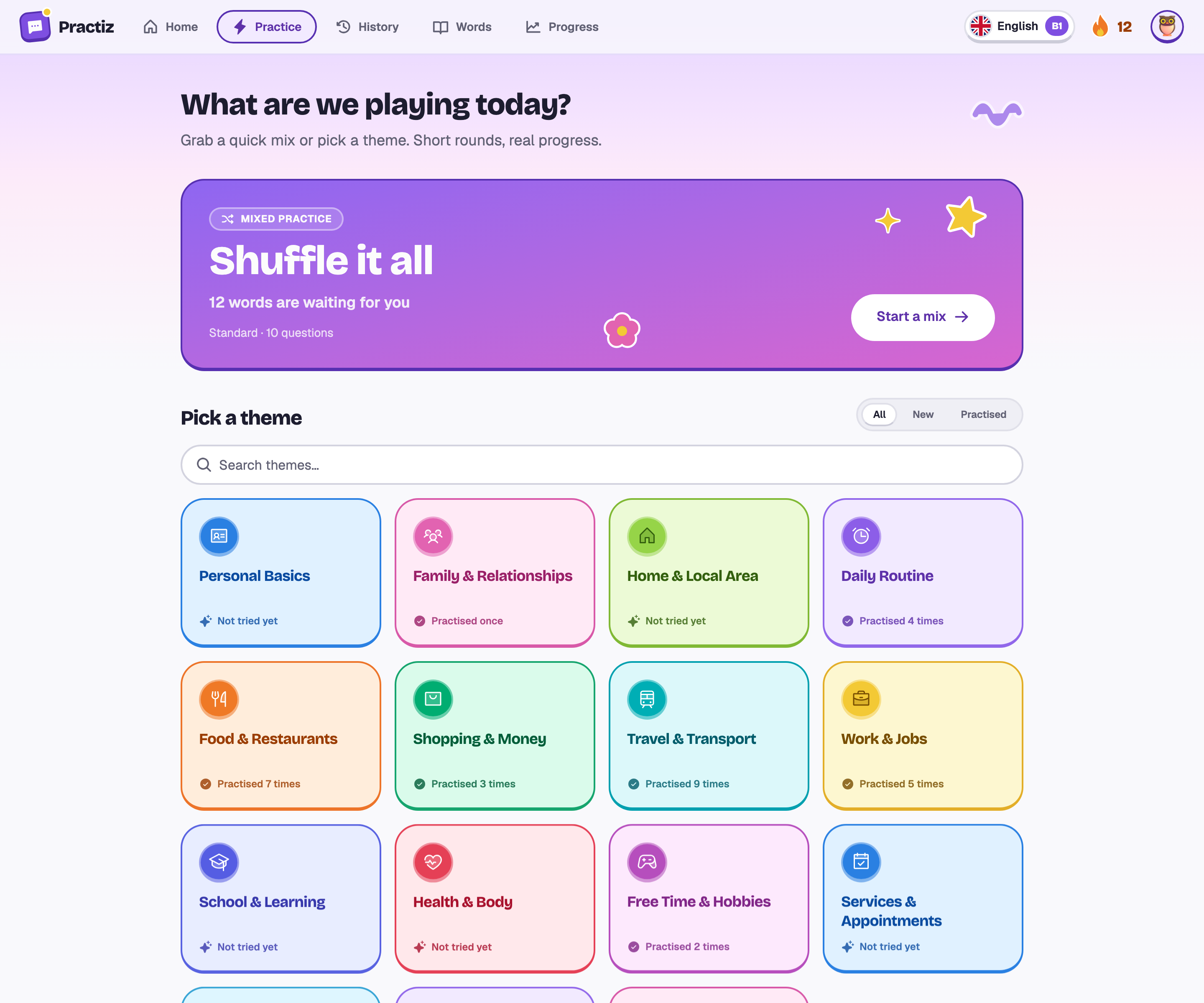The practice picker: Shuffle it all with 12 words waiting, and the fifteen theme tiles.