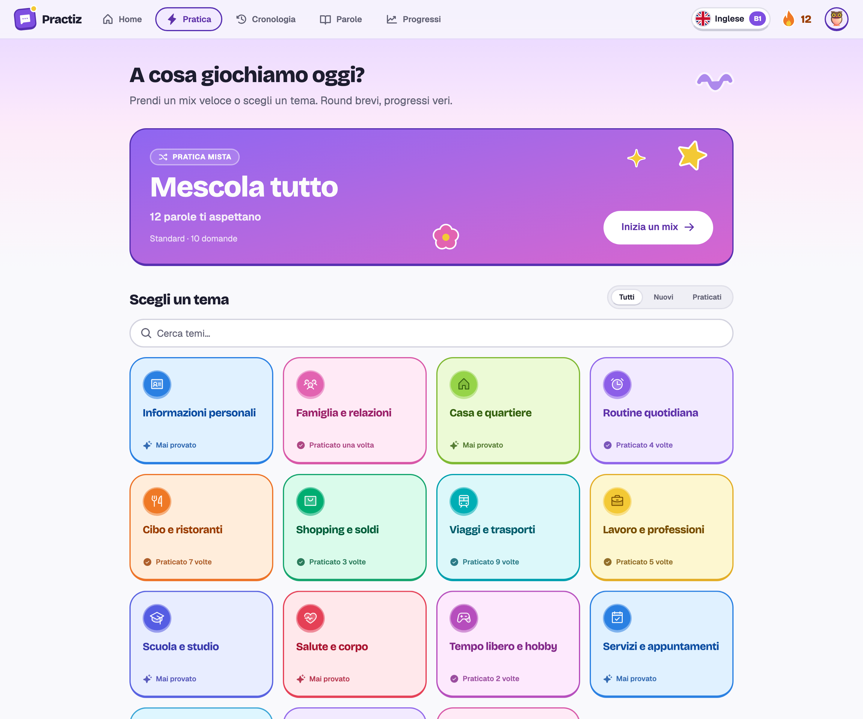 La scelta della pratica: Mescola tutto con 12 parole che ti aspettano, e i riquadri dei quindici temi.