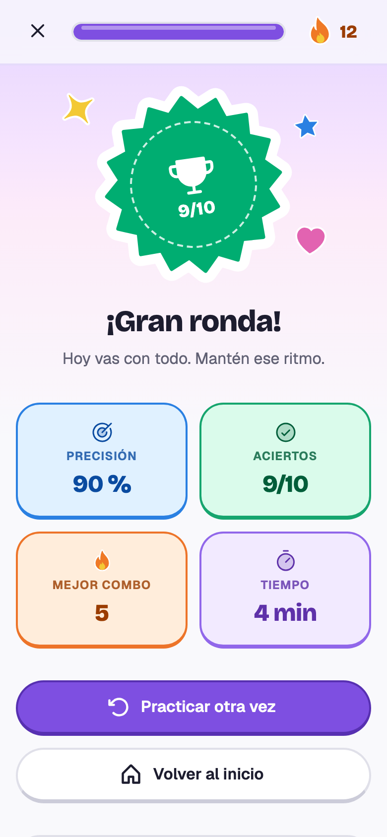 El final de la ronda: 9 de 10, ¡Gran ronda!, con precisión, mejor combo y tiempo.