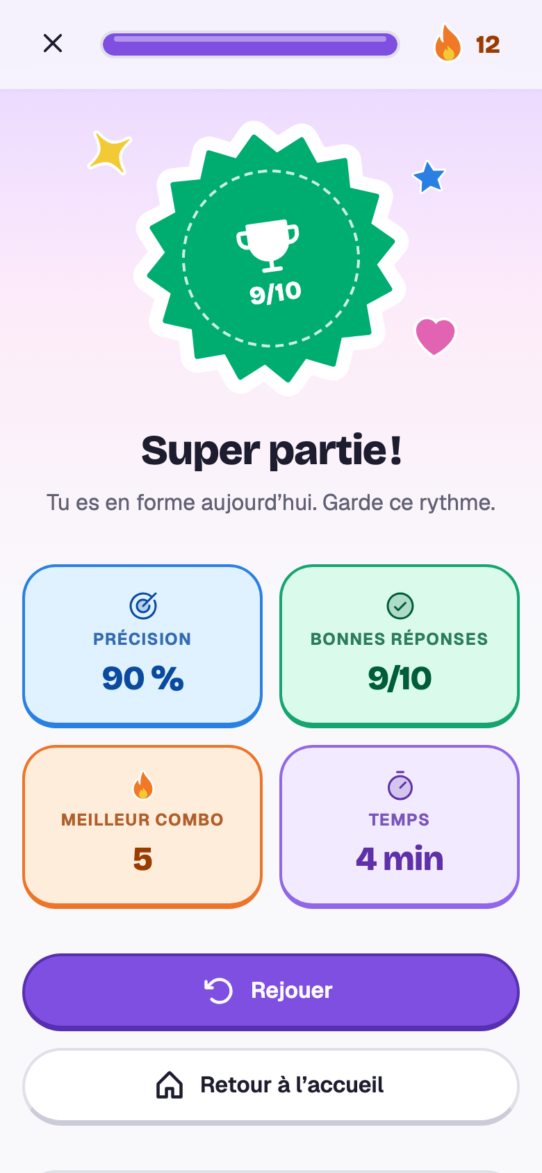 La fin de la partie : 9 sur 10, Super partie !, avec la précision, le meilleur combo et le temps.