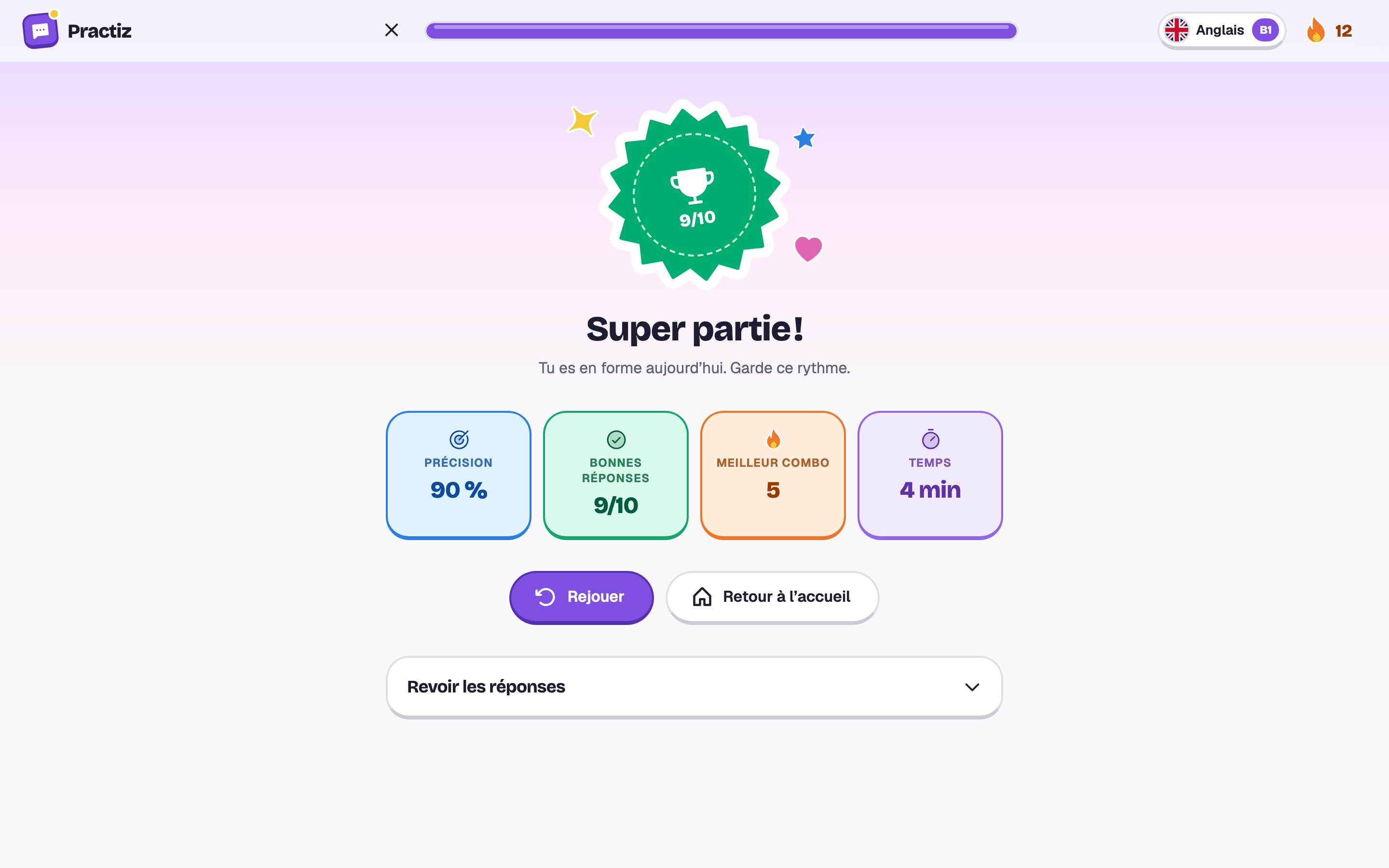 Une partie terminée : 9 sur 10 avec un sceau vert, Super partie !