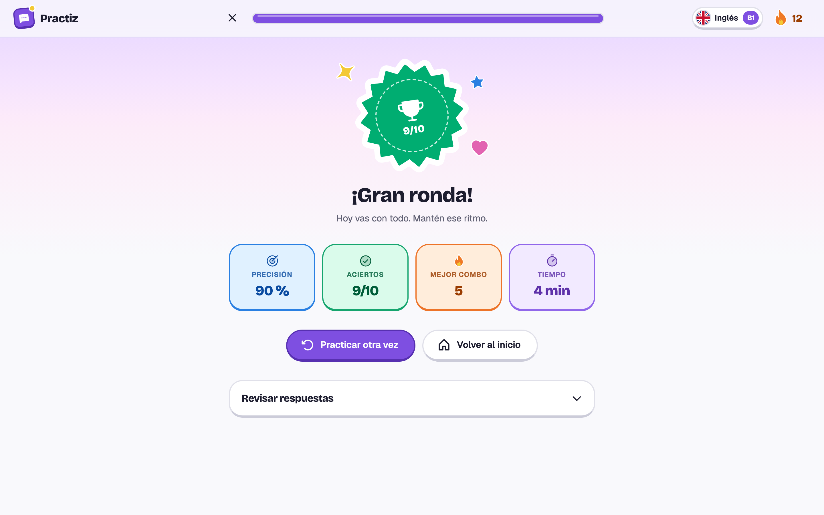 Una ronda terminada: 9 de 10 con un sello verde, ¡Gran ronda!