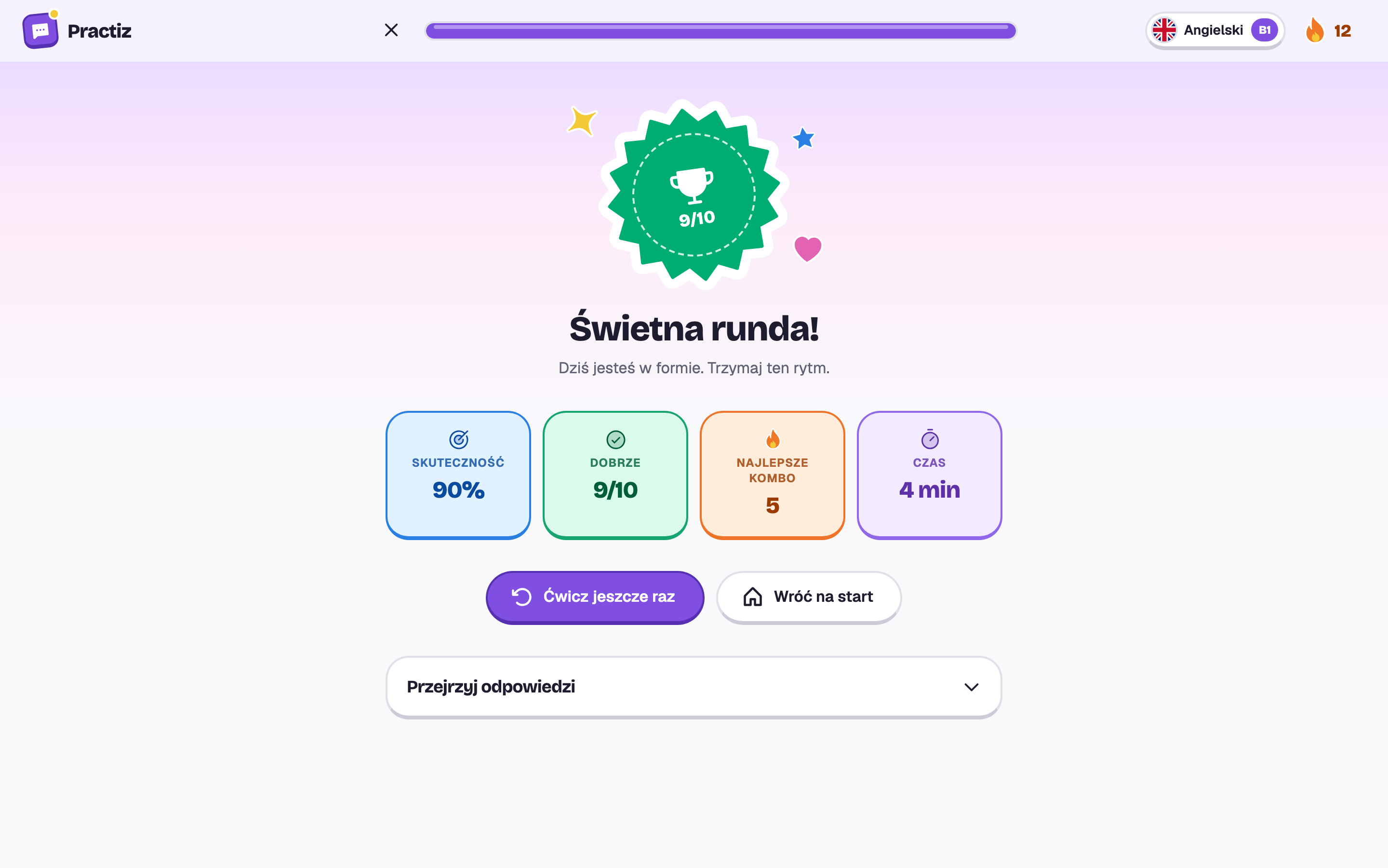 Ukończona runda: 9 z 10, zielona pieczęć i napis Świetna runda!