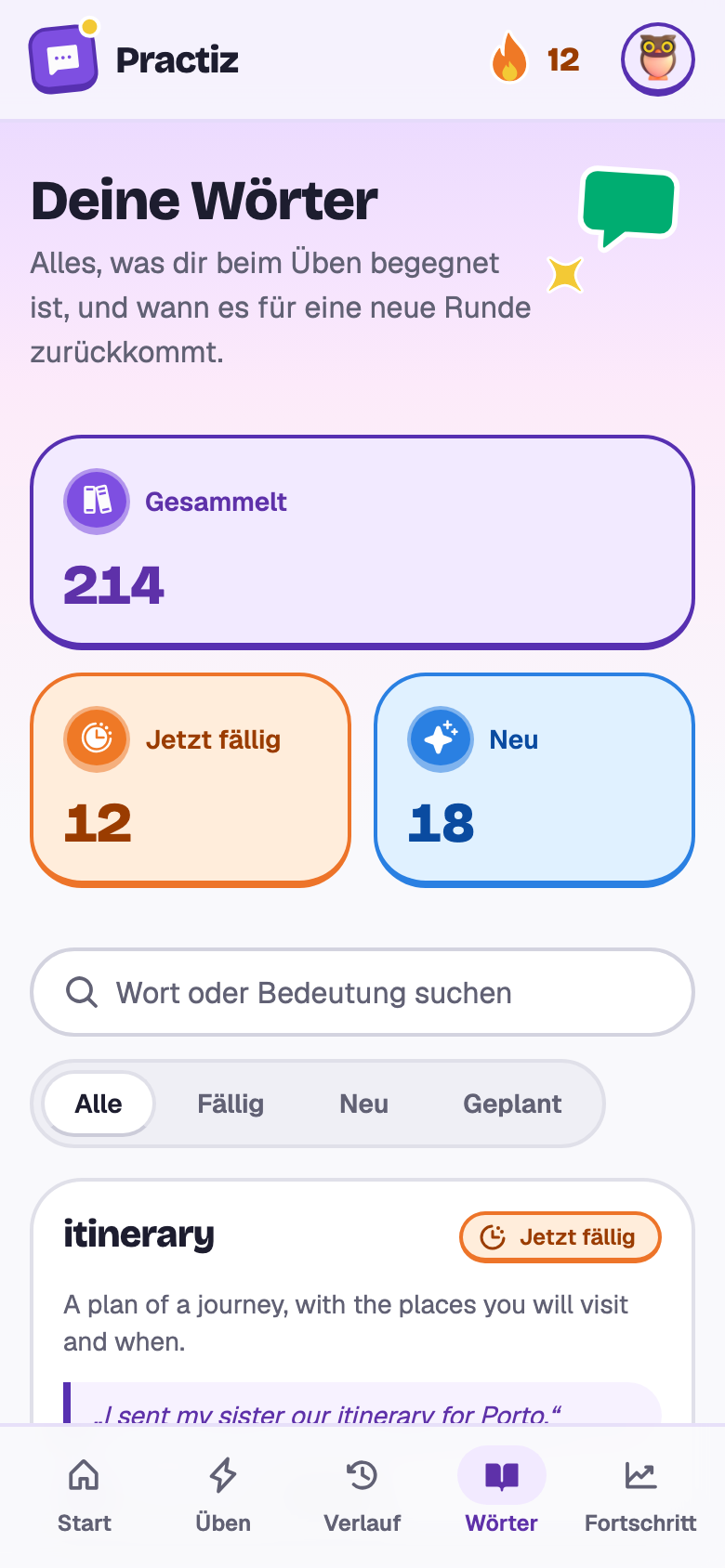 Die Wörter von Lena: 214 gesammelt, 12 fällig, und Karten für itinerary, connection, fare, delayed, reservation und luggage.