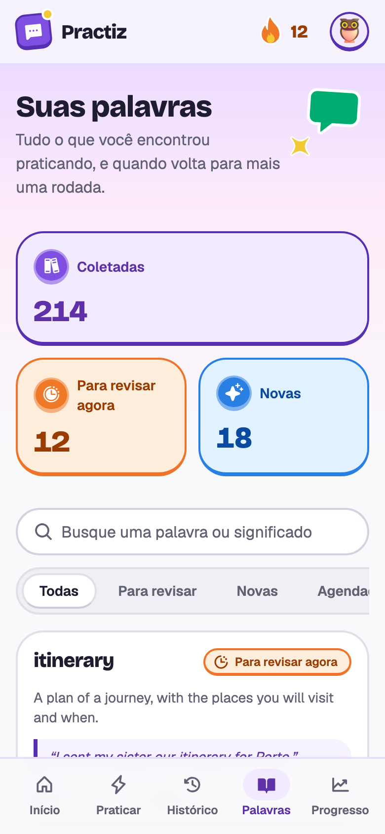 Palavras de Beatriz: 214 coletadas, 12 para revisar, e cartões de itinerary, connection, fare, delayed, reservation e luggage.