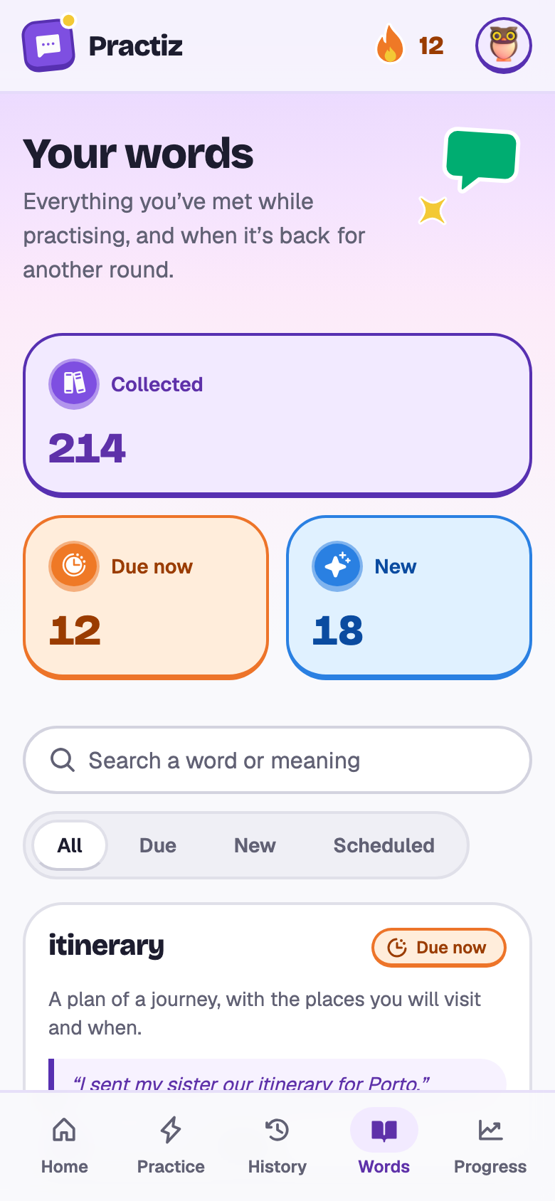 Sofía's words: 214 collected, 12 due, and cards for itinerary, connection, fare, delayed, reservation and luggage.