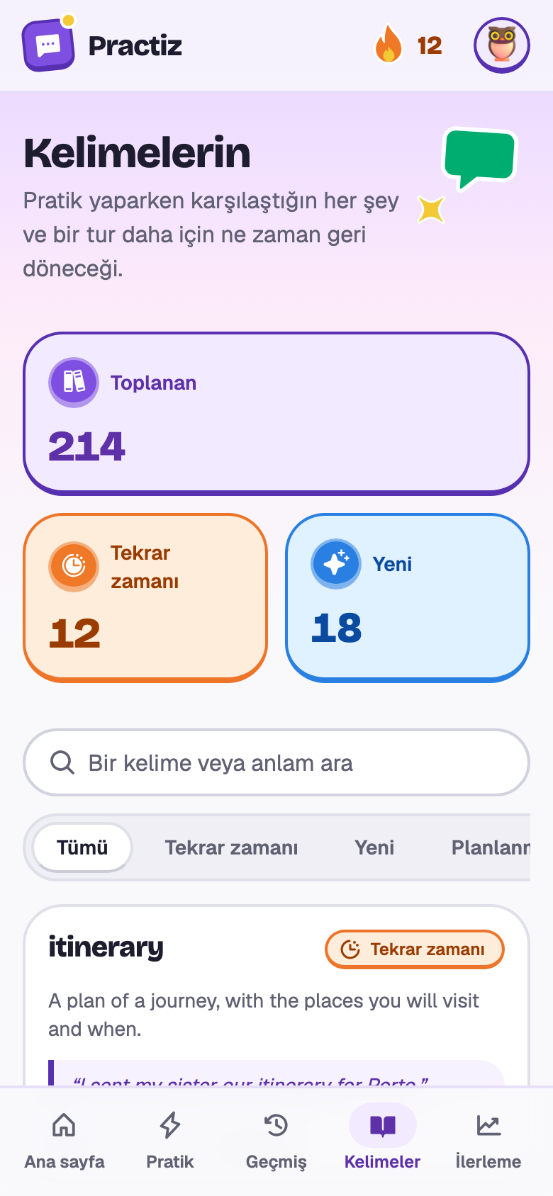 Kelimeler (Elif): 214 toplanan, 12 tekrar zamanı; itinerary, connection, fare, delayed, reservation ve luggage kartları.