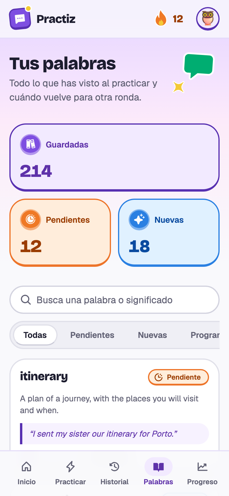 Las palabras de Sofía: 214 guardadas, 12 pendientes, y tarjetas de “itinerary”, “connection”, “fare”, “delayed”, “reservation” y “luggage”.